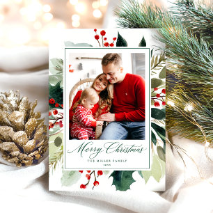 Elegant Merry Christmas Botanical Greenery Holiday Card