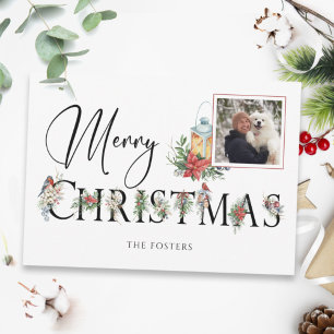 Elegant Merry Christmas Botanical Typography Photo Tri-Fold Holiday Card