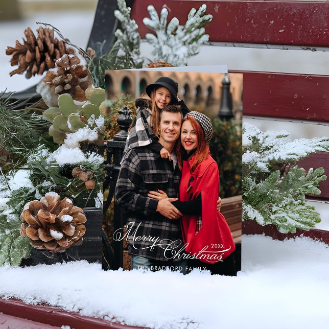Elegant Merry Christmas Calligraphy 1-Photo Holiday Card (Creator Uploaded)