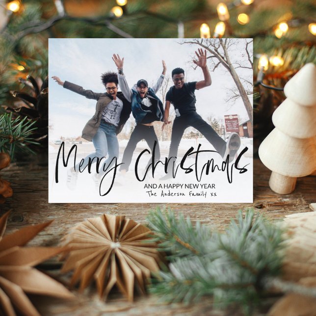 Elegant Merry Christmas Calligraphy 1 Photo Holiday Card (Creator Uploaded)