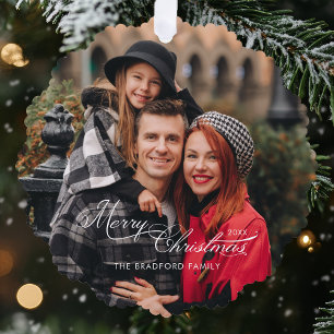 Elegant Merry Christmas Calligraphy 1-Photo Tree Decoration Card