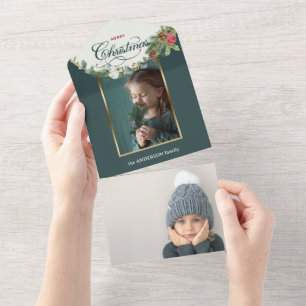 Elegant Merry Christmas Calligraphy Floral Photo All In One Invitation