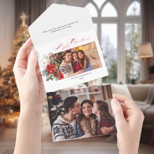 Elegant Merry Christmas Calligraphy Floral Photo All In One Invitation