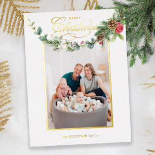 Elegant Merry Christmas Calligraphy Floral Photo F Foil Holiday Card