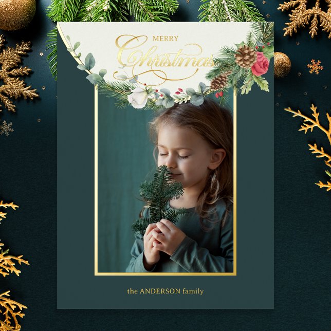 Elegant Merry Christmas Calligraphy Floral Photo Foil Holiday Card (Creator Uploaded)
