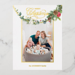 Elegant Merry Christmas Calligraphy Floral Photo Foil Holiday Postcard