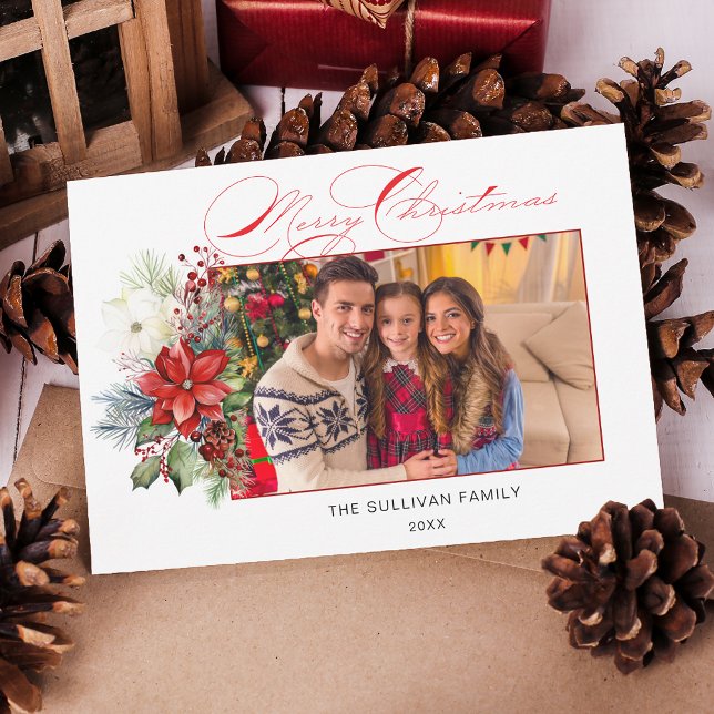 Elegant Merry Christmas Calligraphy Floral Photo Holiday Card (Creator Uploaded)