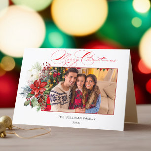 Elegant Merry Christmas Calligraphy Floral Photo Holiday Card