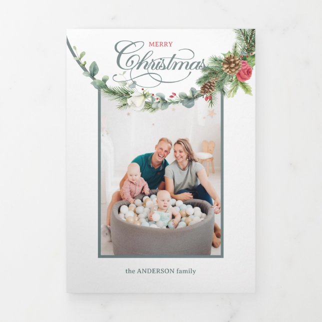 Elegant Merry Christmas Calligraphy Floral Photo  Tri-Fold Card (Cover)