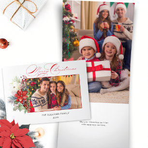 Elegant Merry Christmas Calligraphy Floral Photo Tri-Fold Holiday Card
