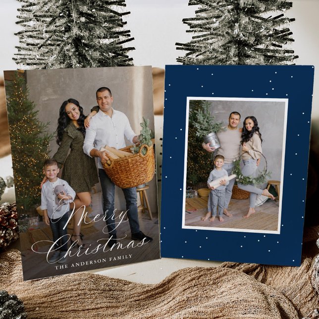 Elegant Merry Christmas Calligraphy Navy 2 Photo Holiday Card (Creator Uploaded)