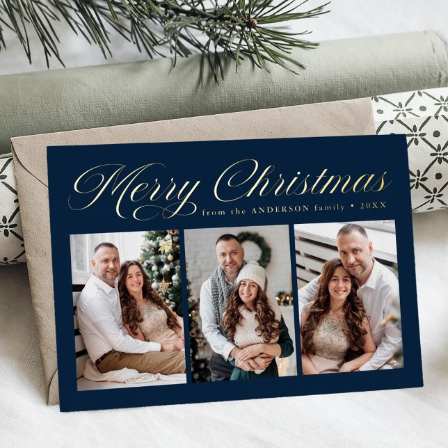 Elegant Merry Christmas Calligraphy Navy 3 Photo Foil Holiday Card (Creator Uploaded)
