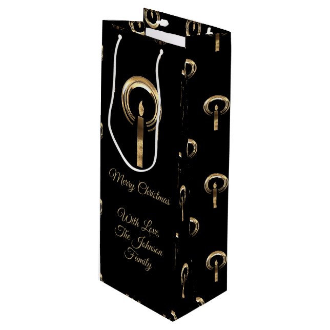 Elegant Merry Christmas Candle Black and Gold Look Wine Gift Bag (Front Angled)