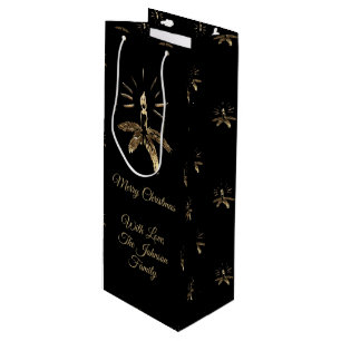 Elegant Merry Christmas Candle Pattern Black Gold Wine Gift Bag