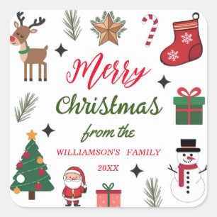 Elegant Merry Christmas Custom Family Name Square Sticker