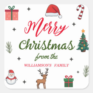 Elegant Merry Christmas Custom Family Name Square Sticker
