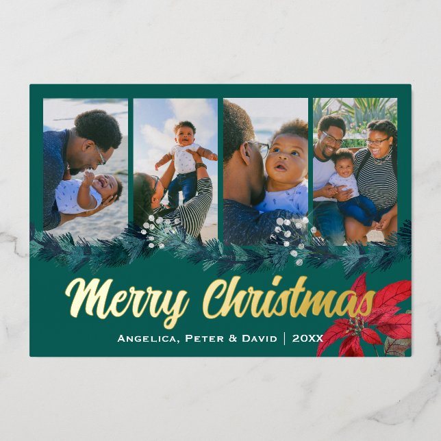 Elegant Merry Christmas Custom Photo  Foil Holiday Card (Front)