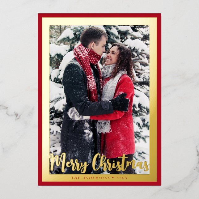 Elegant Merry Christmas Custom Photo Frame   Foil Holiday Card (Front)