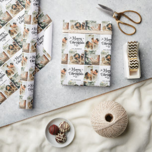 Elegant Merry Christmas Family 3 Photo Collage Wrapping Paper