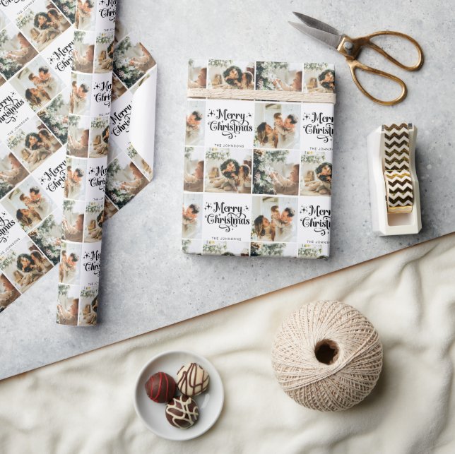 Elegant Merry Christmas Family 3 Photo Collage Wrapping Paper (Crafts)