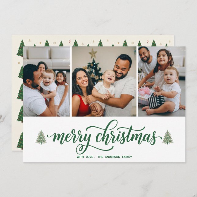 Elegant Merry Christmas Family 3 Photos Flat Card (Front/Back)