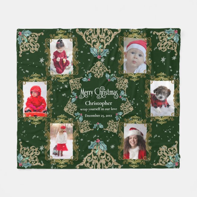 Elegant Merry Christmas Family Photo Collage Fleece Blanket (Front (Horizontal))