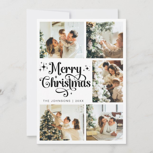 Elegant Merry Christmas Family Photo Collage Holiday Card (Front)
