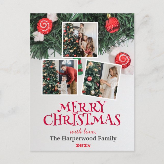 Elegant Merry Christmas Family Photo Collage Holiday Postcard (Front)