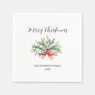 Elegant Merry Christmas Family Watercolor Greenery Napkin