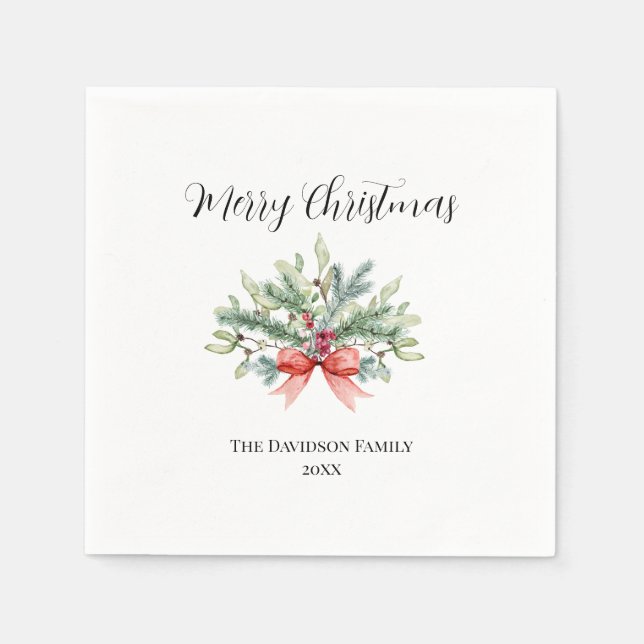 Elegant Merry Christmas Family Watercolor Greenery Napkin (Front)