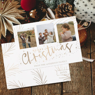 Elegant Merry Christmas Faux Gold 3 Photo Holiday Card