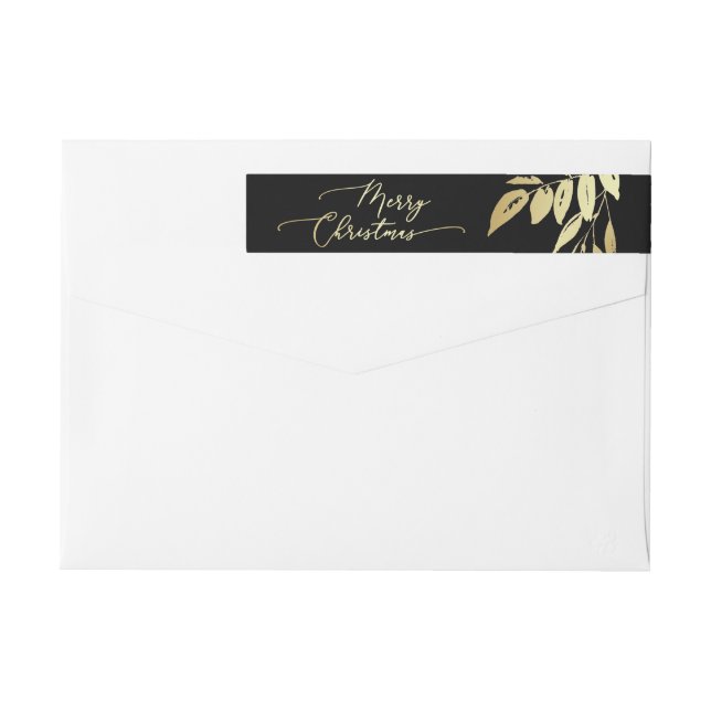 Elegant Merry Christmas Faux Gold Black Botanical Wrap Around Label (Back)