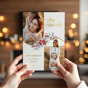 Elegant Merry Christmas Floral Gold Arch 2-Photo Foil Holiday Card