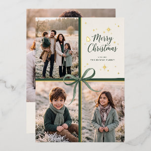 Elegant Merry Christmas Frame Family Photo Collage Foil Holiday Card