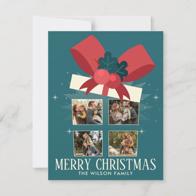 Elegant Merry Christmas Gift Box Four Family Photo Holiday Card (Front)