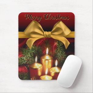 Elegant "Merry Christmas" Gold Bow and Candles Mouse Mat