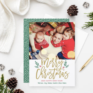 Elegant Merry Christmas Gold Brushed Script Photo Holiday Card