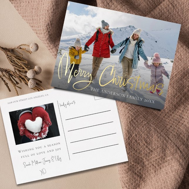 Elegant Merry Christmas Gold Foil & Photo Foil Holiday Postcard (Creator Uploaded)