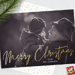 Elegant Merry Christmas Gold Pressed One Photo Foil Holiday Card<br><div class="desc">Merry Christmas Gold Pressed Hand Written Photo Foil Holiday Card
*real foil</div>