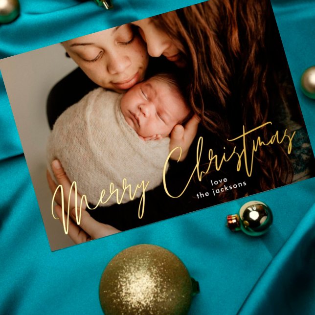 Elegant Merry Christmas Gold Pressed Photo Foil Holiday Card (Creator Uploaded)