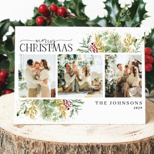 Elegant Merry Christmas Gold Red Berries Photo  Holiday Card
