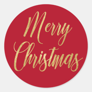 Elegant Merry Christmas Gold Red Simple Classic Round Sticker