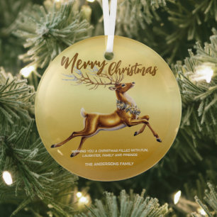 Elegant Merry Christmas Gold santa Deer Moose xmas Glass Tree Decoration