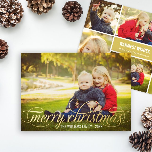 Elegant Merry Christmas Gold Script Photo Collage Foil Holiday Card (Creator Uploaded)