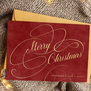 Elegant Merry Christmas gold script red non-photo Holiday Card