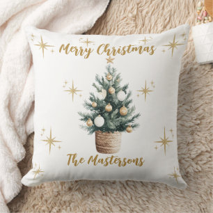 Elegant Merry Christmas Gold Stars Cushion