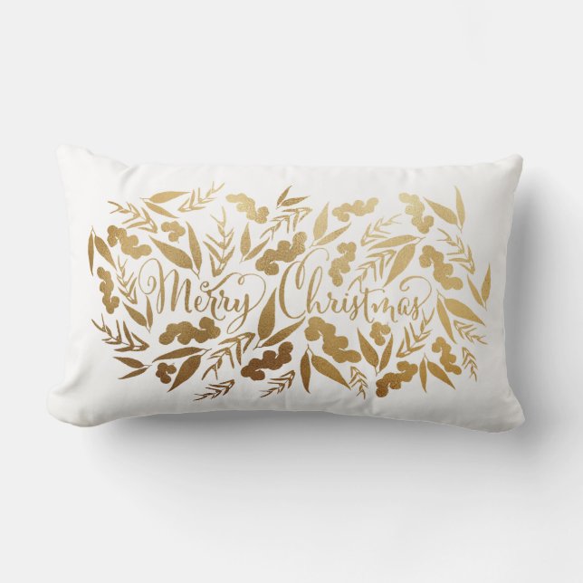 Elegant Merry Christmas Gold White Eucalyptus Lumbar Cushion (Front)
