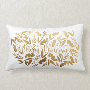 Elegant Merry Christmas Gold White Eucalyptus Lumbar Cushion