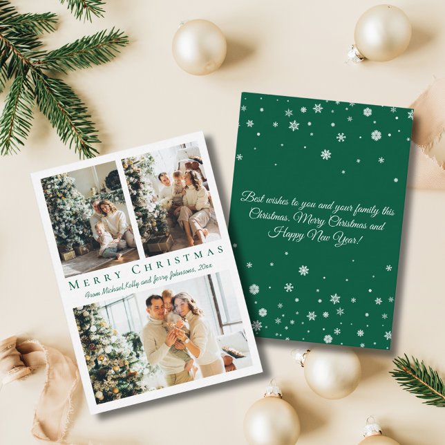 elegant merry christmas green 3 photos collage  card (Creator Uploaded)