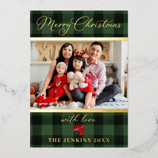Elegant Merry Christmas Green and Red Photo Gold Foil Holiday Card (Front)